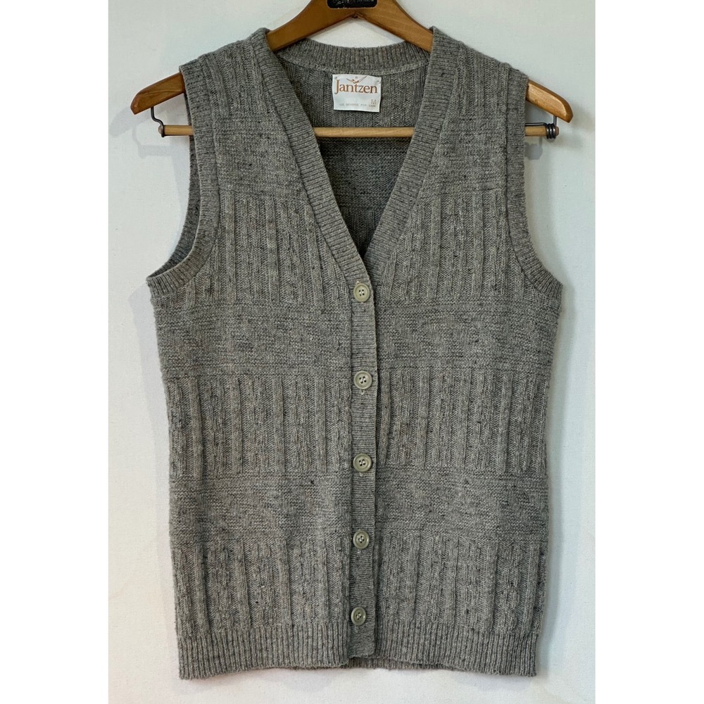 Jantzen Sweater Vest Vintage Knit V-Neck Womens M Gray Geek Academia